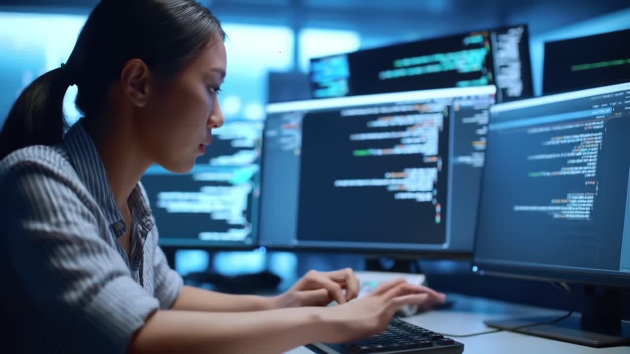 A Focused Programmer Engaged in Coding, Analyzing Complex Code on Multiple Monitors, Leveraging Technology to Solve Problems and Innovate Solutions