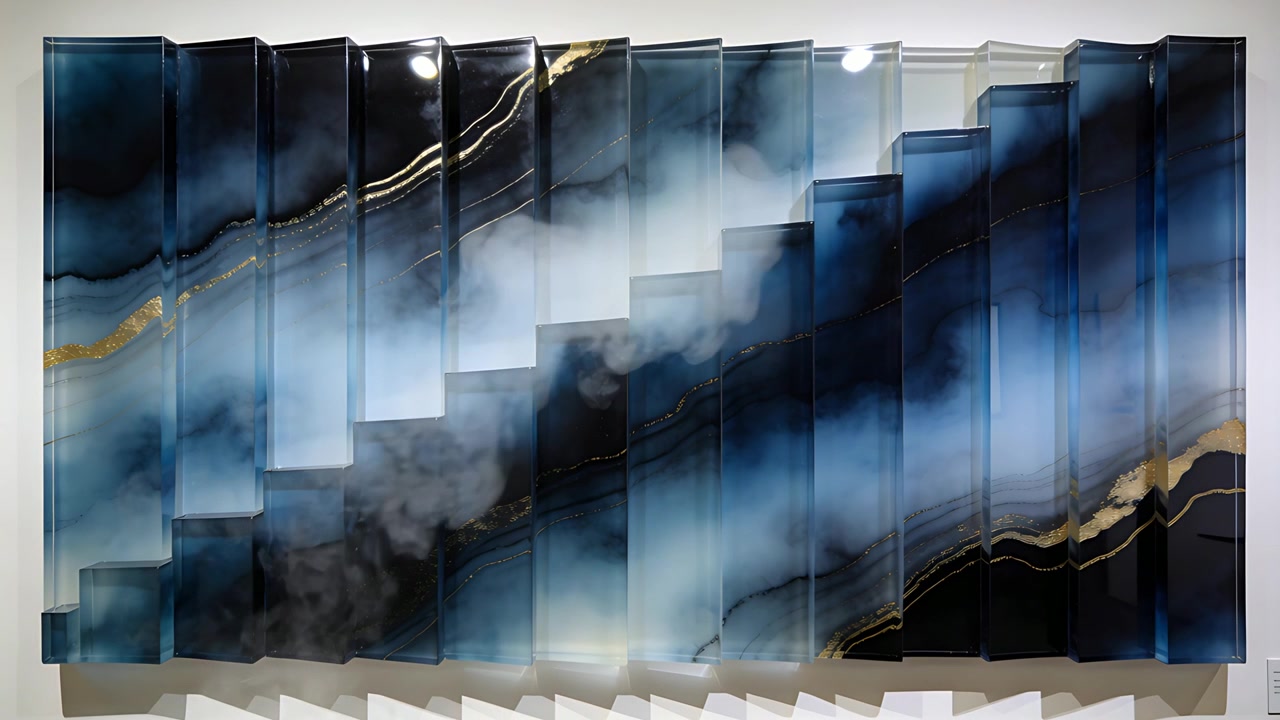 Displaying stepped glass panels under lights, mist appearing and drifting, revealing gold veins