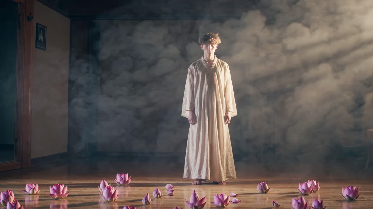 Spiritual young man meditating in a misty room adorned with vibrant lotus flowers, cultivating an atmosphere of serenity and peace, while embracing mindfulness and inner tranquility