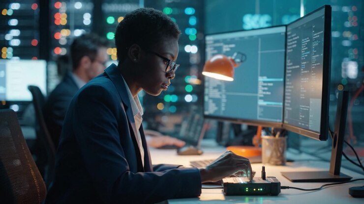 Focused cybersecurity analyst working diligently at multiple screens, analyzing data in a high-tech monitoring center surrounded by glowing servers and screens.