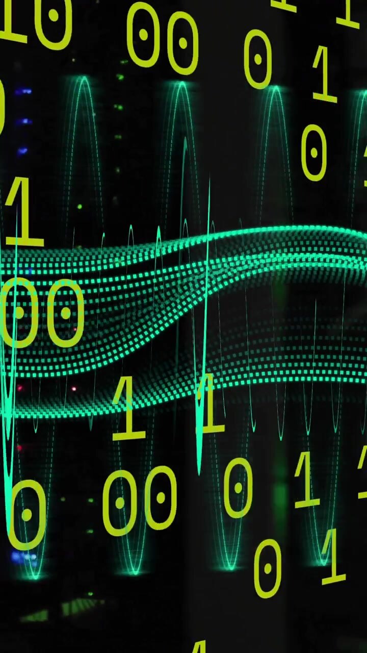 Binary code and digital wave animation over cityscape at night