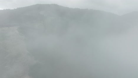 aerial of low fog hanging over mountain and forest trees