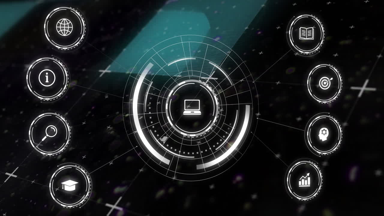 Animation af netværk af forbindelser over digitale ikoner på sort baggrund.
