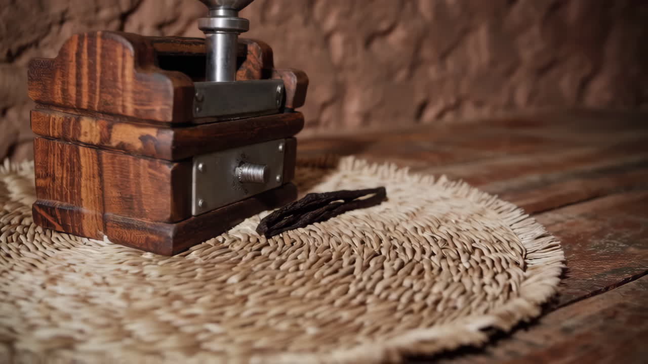 Vintage Wooden Coffee Grinder with Vanilla Beans