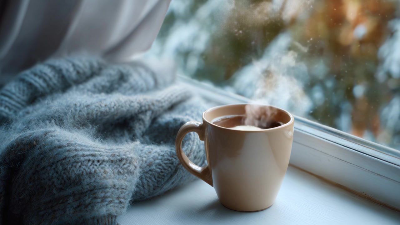 Una tazza calda di caffè fuma splendidamente contro un vetro di finestra incorniciata da tessuti accoglienti, catturando perfettamente l'essenza del comfort e della serenità invernali.