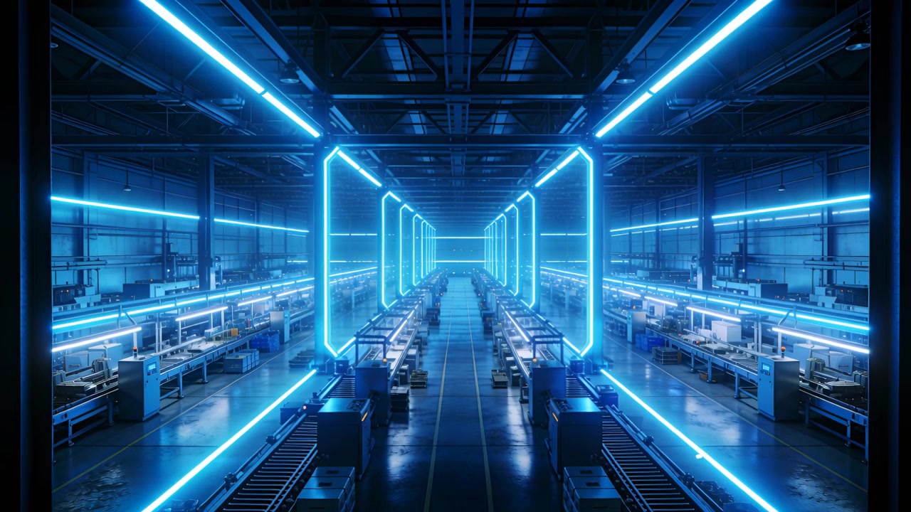 Pulsing neon-blue frames drawing camera forward through factory hall, highlighting conveyors