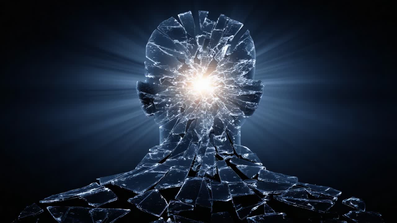 Una visualizzazione affascinante di una figura umana frammentata, che irradia luce, a simboleggiare l'interazione tra coscienza e realtà mentre emerge da forme frantumate.