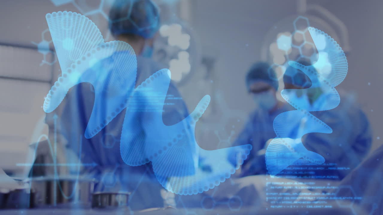 Animation of data processing and spirals over diverse surgeons during operation