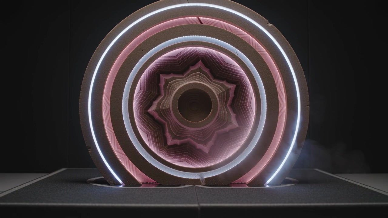 Lighting rings and inner disk at second 0 on stage, rippling inward, creating motion amid fog