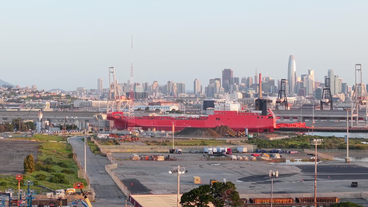 A panning shot left to right of an aerial view of downtown San Francisco.
