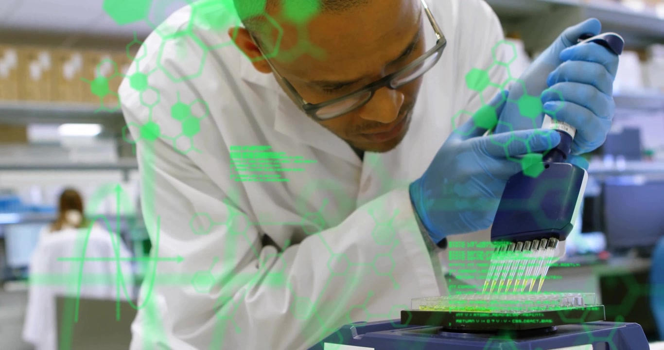 Scientist picking pipette and dispensing samples into plate, green overlay tracking lab assay data