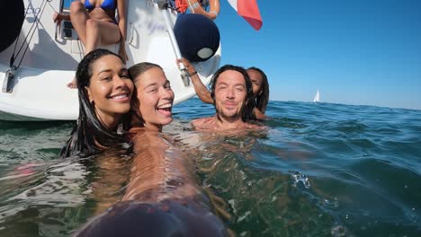 happy multiracial friends streaming live video swimming in the sea with sail boat in background