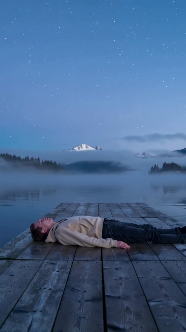 Vertical video: Lying man wearing beige hoodie, jeans, resting on dock over misty lake leg shifting