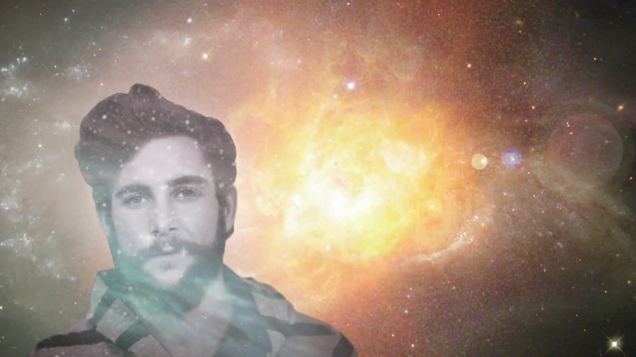 Portrait of man with universe, stars and glowing orange clouds in the background
