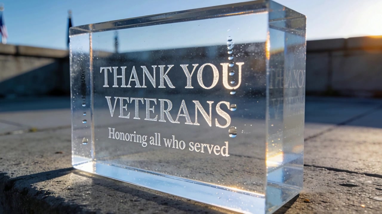Panning camera revealing clear engraved block on memorial plaza, droplets sliding to honor veterans
