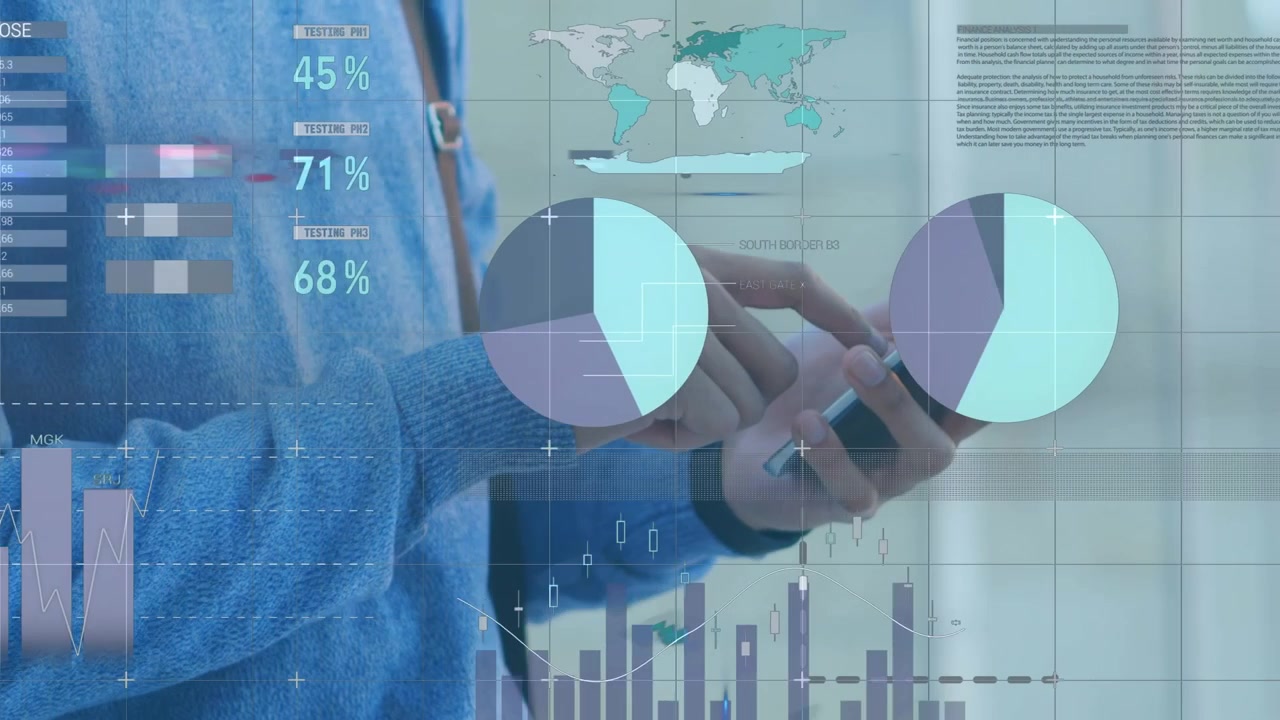 Animazione di statistiche ed elaborazione dati sovrapposta a una donna che utilizza statistiche finanziarie