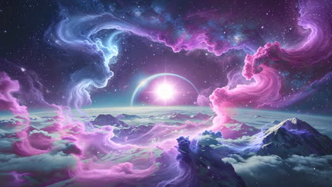 vibrant cosmic dreamscape with mountains and nebulae