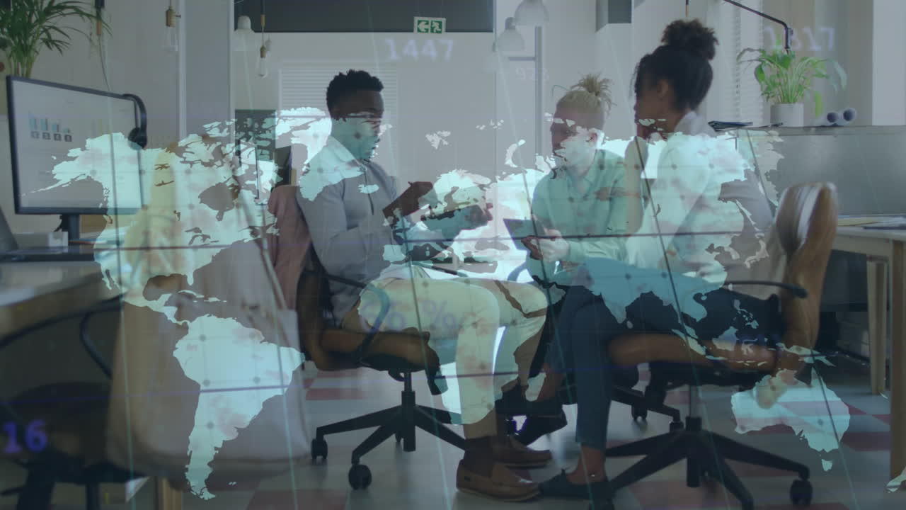 Animation of data processing over diverse business people in office