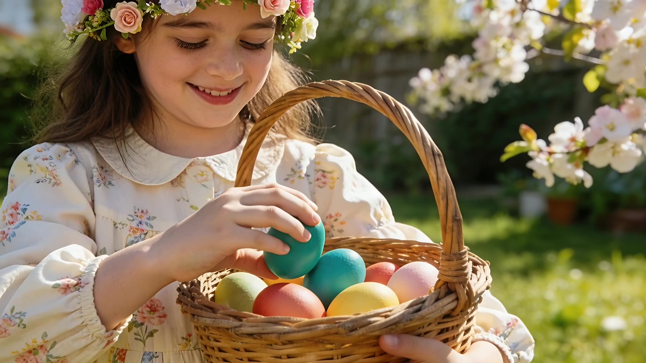 Reaching child lifting teal egg in backyard garden, holding wicker basket and wearing floral dress