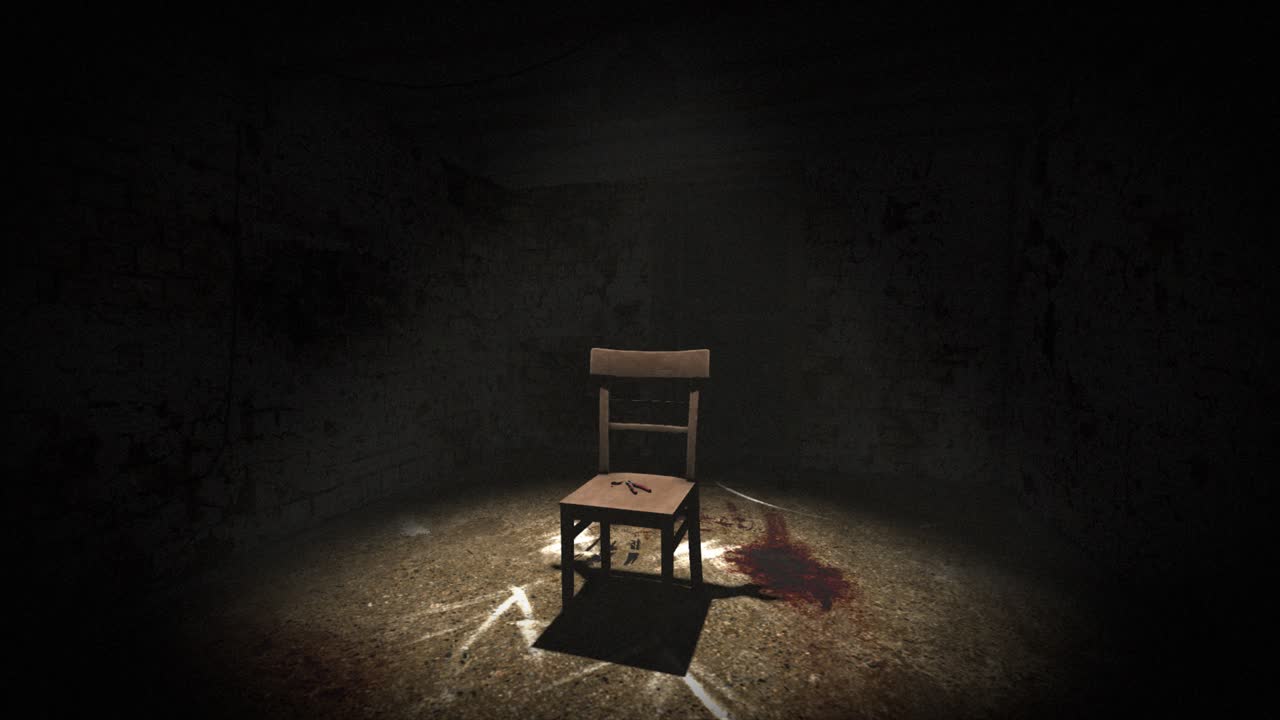 alta calidad, lenta subida de una cámara de tortura de interrogatorio siniestro, con paredes oscuras espeluznantes grungy, sangre en el suelo y una sola silla en un foco, con un par de pinzas sangrientas