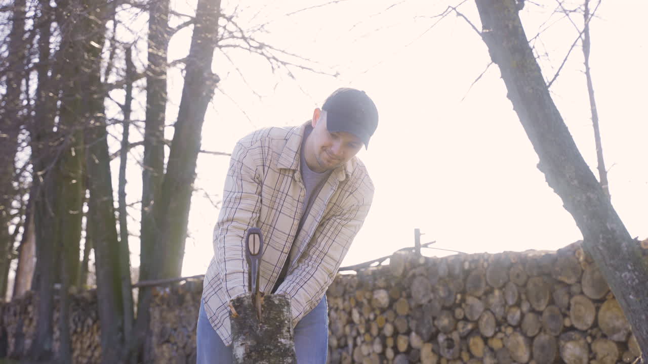 кавказцы режут дрова топором в сельской местности.