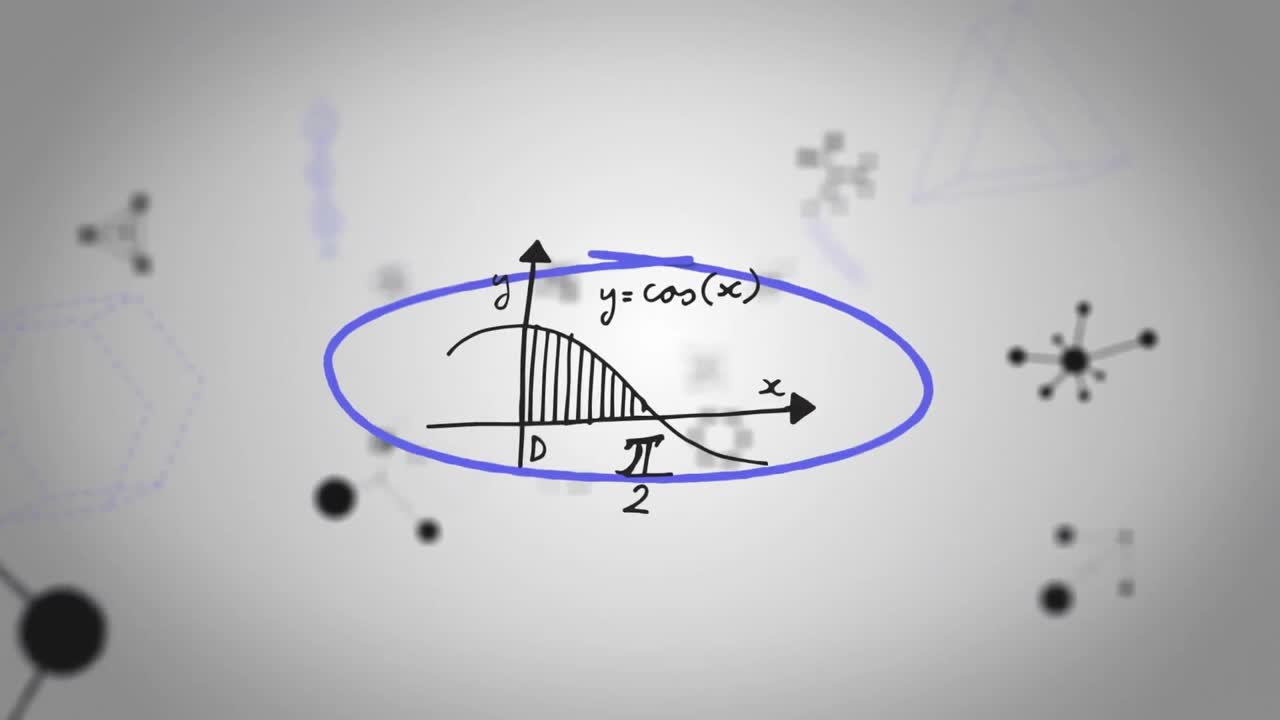 Grafico matematico di y=cos(x) su un'animazione astratta di forme geometriche