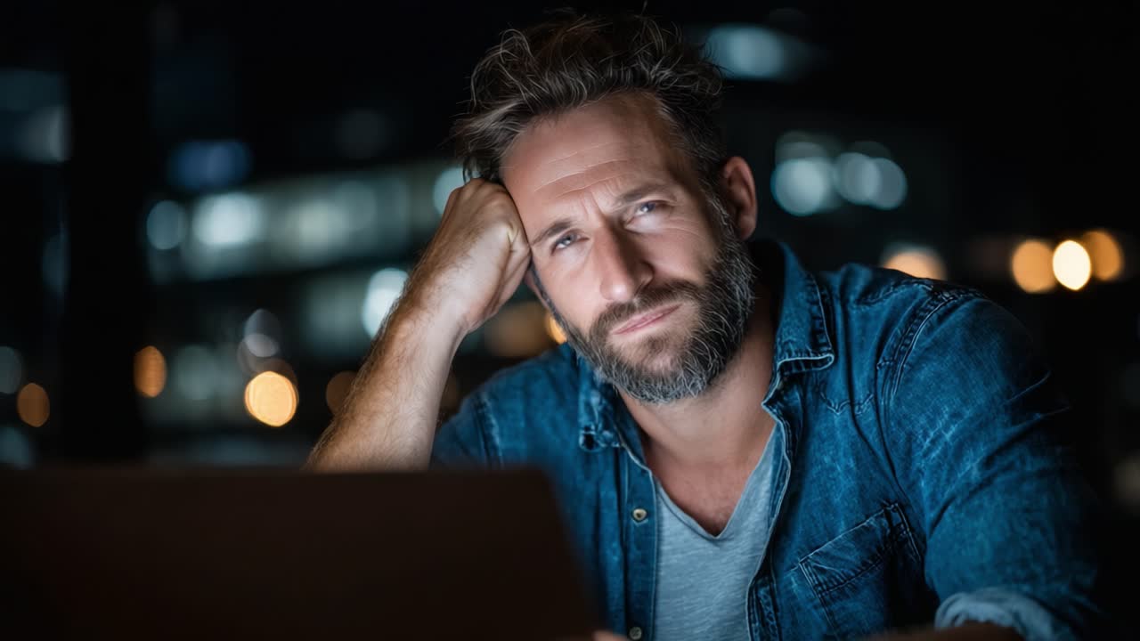 A Pensive Man Staring Thoughtfully at His Laptop Screen in the Evening, Reflecting on Challenging Ideas and Decisions Under Soft Ambient Lighting