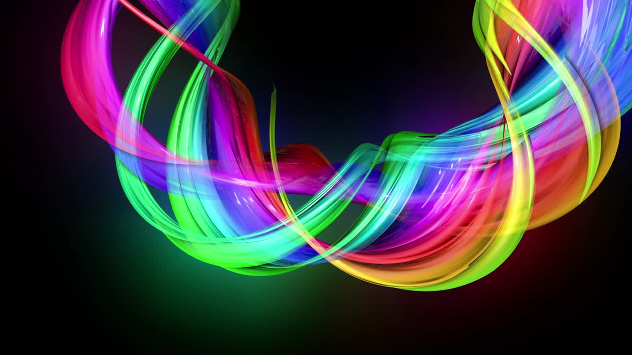 transparent colored lines with a neon glow on a black background. Motion graphics 3d looped background with multicolor colorful rainbow ribbons. Beautiful seamless background in motion design style 11