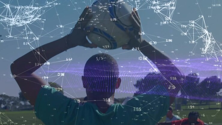 Animation of network of connections with data processing over diverse football players