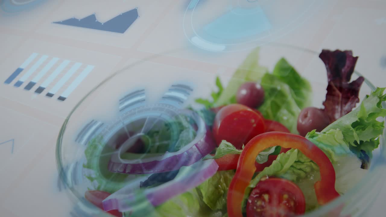 Camera moving down-forward revealing glass salad bowl, HUD rotating, fading, showing produce