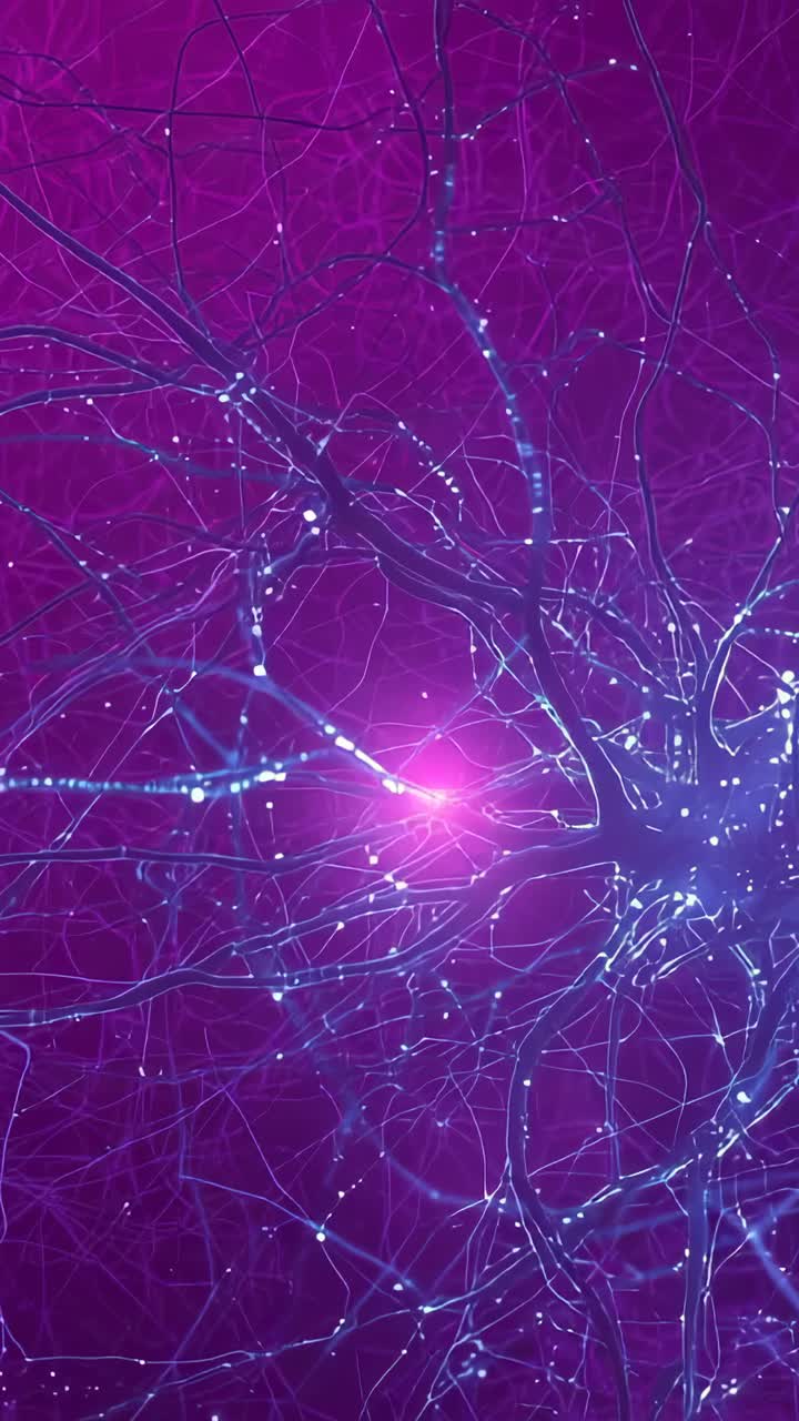 Vertical video: Neuron cell body emitting pulses along branches in pink haze for synapse activation