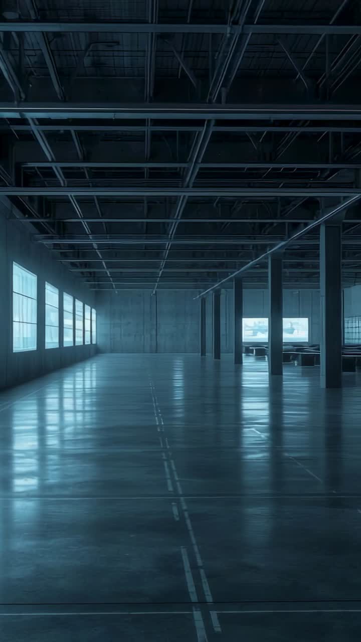 Vertical video: Fixed camera capturing empty warehouse interior, with floor and desks and chairs