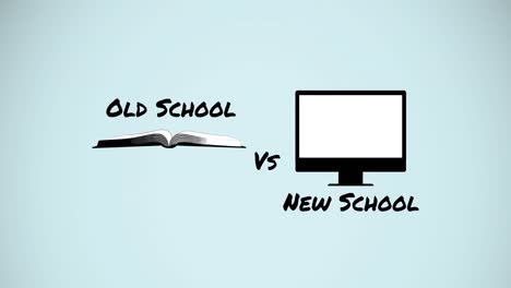 Animation-of-old-school-vs-new-school-text-and-digital-icons-on-blue-background