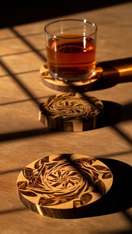 A glass of drink on a wooden coaster with intricate carvings, illuminated by sunlight creating striking shadow patterns on a wooden table