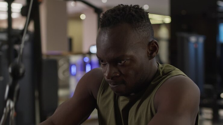 homem trabalhando em uma máquina de fila sentada em um ginásio