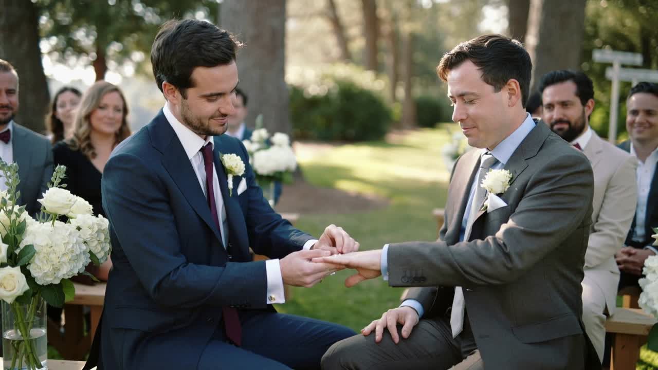 Taking left partner's hand, navy-suited groom sliding wedding band onto finger to marry in garden