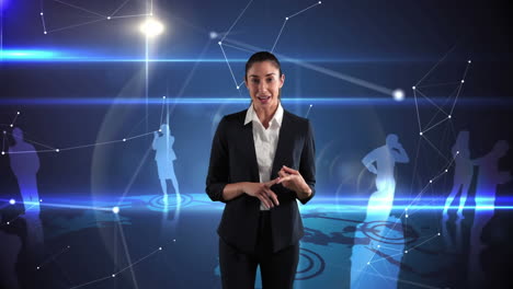 joven mujer de negocios biracial hablando con el fondo del mapa del mundo en 3d