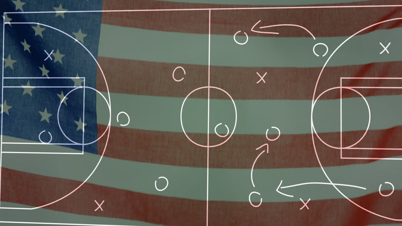 animación del dibujo del plan de juego sobre la bandera de los estados unidos