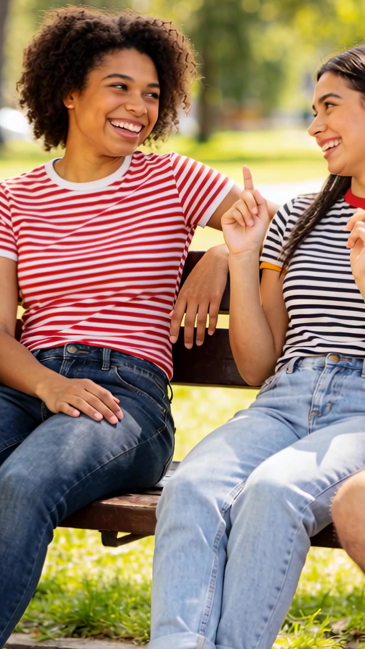 Vertical video: Pointing right woman causing smiles two women in striped tees talking on park bench