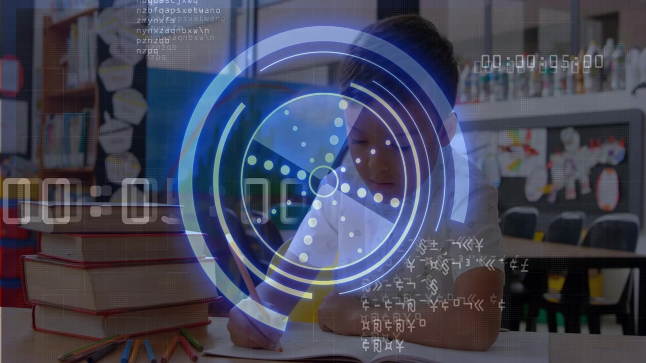 Timer starting while boy writing in classroom, HUD pulsing, boy raising hand to ask teacher