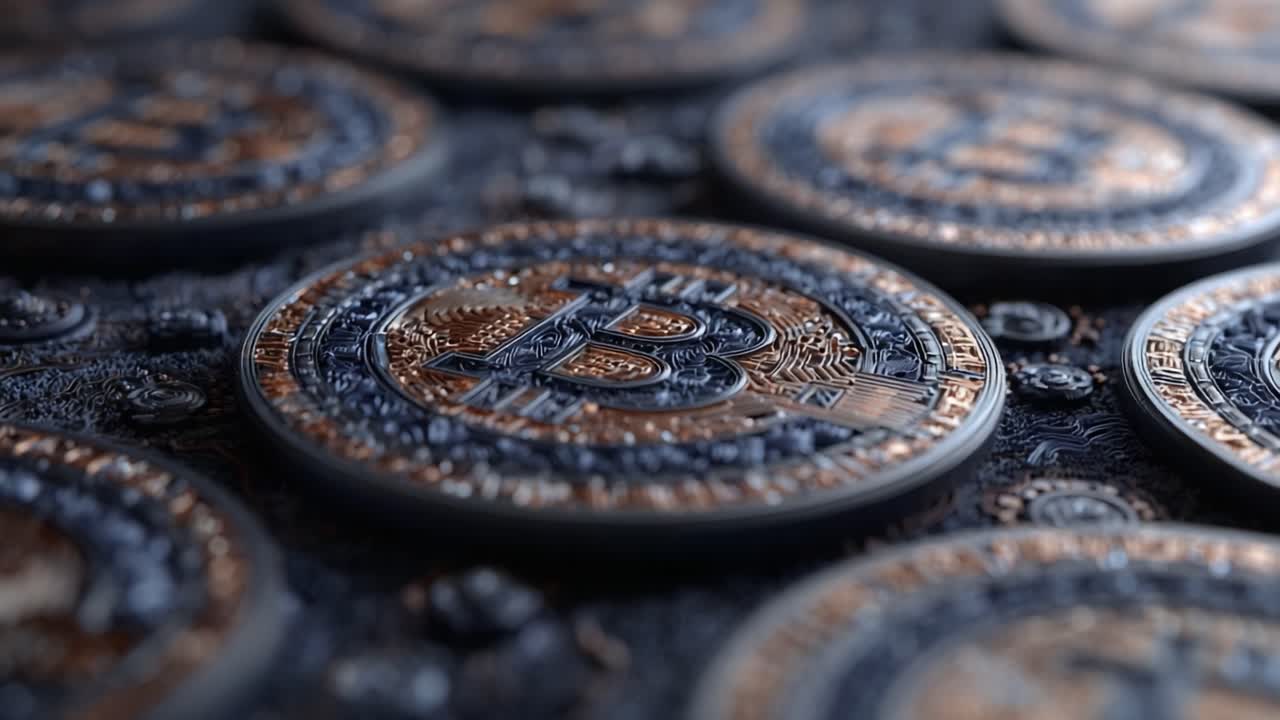 An Artistic Display of Cryptographic Coins Featuring Intricate Designs and Textures, Showcasing the Complexity and Value of Bitcoin in a Stunning Visual Arrangement