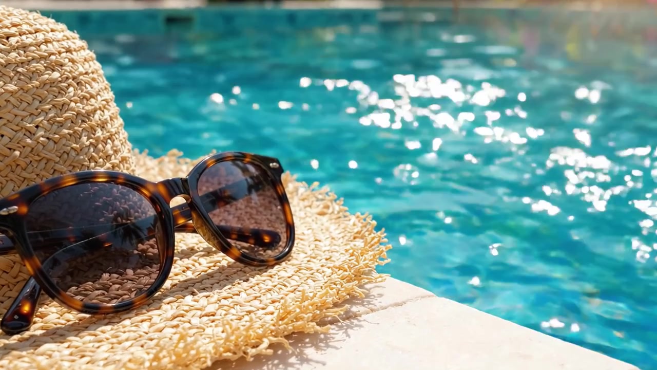 Entspannter Sommertag am Pool mit stilvoller Sonnenbrille und Strohhut, perfekt zum Genießen des erfrischenden Wassers und der Sonne.