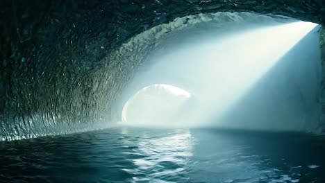 serene water flows through a natural cave tunnel while sunlight beams illuminate the interior, creating a beautiful and tranquil scene