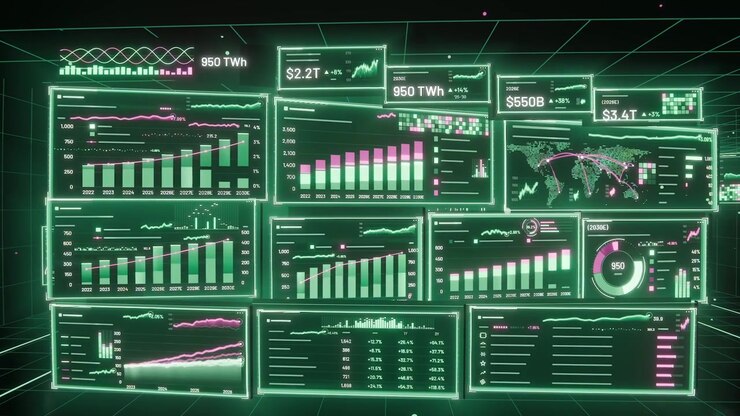 Powering holo dashboard assembling panels and animating charts in neon grid, showing numeric values