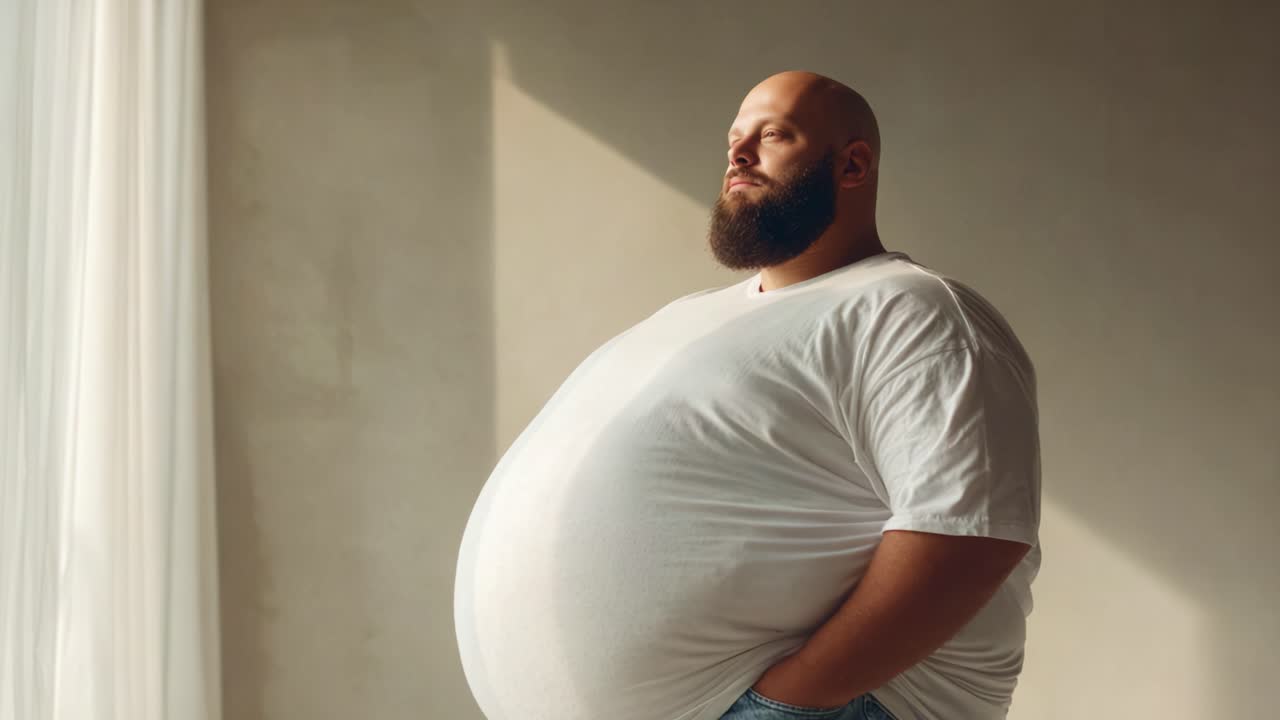 A Contemplative Moment: A Man with a Full Figure Poses in Natural Light, Showcasing Body Positivity and Self-Acceptance in a Serene Environment