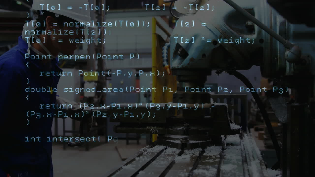 man operating drill press in industrial workshop, with metal shavings and code overlays floating