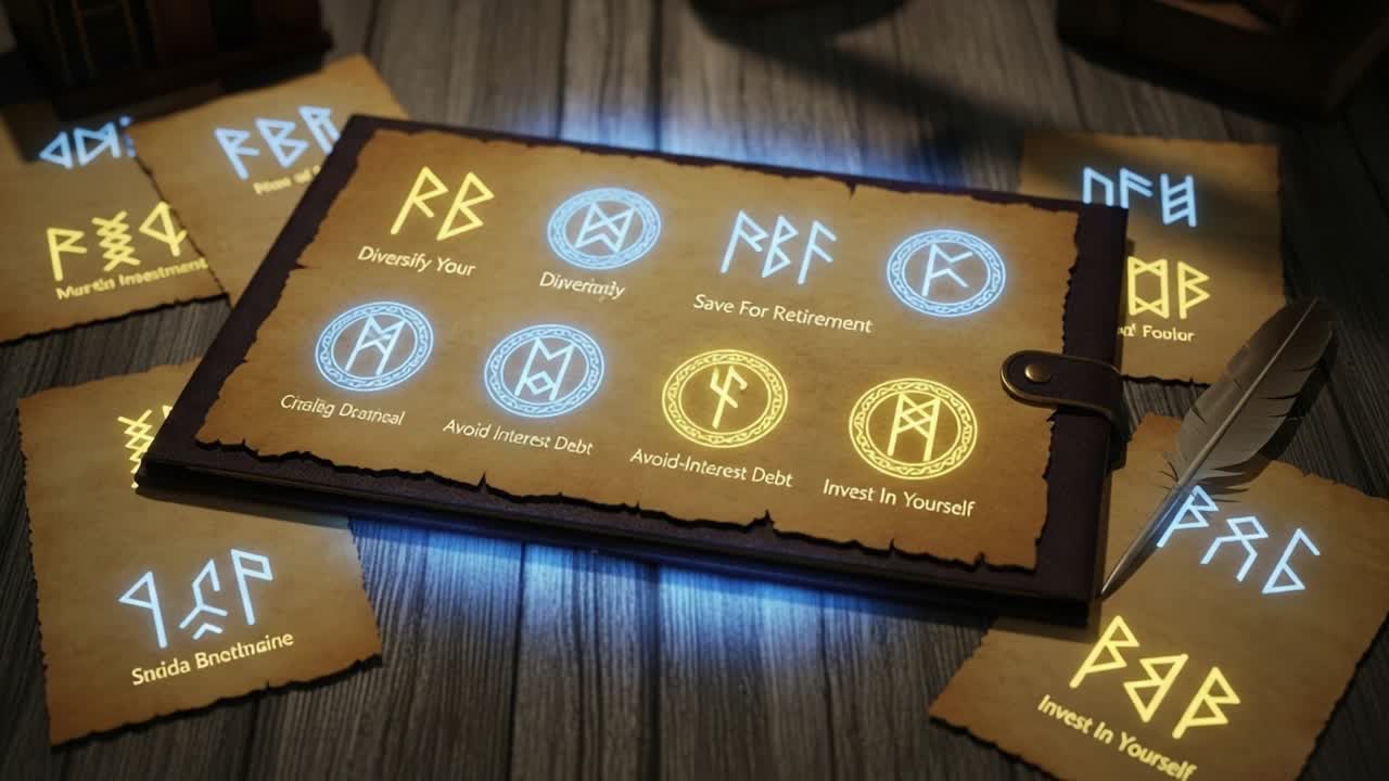 Exploring Financial Wisdom: Insights on Saving, Investing, and Debt Management Highlighted Through Illuminated Symbols in a Laid-Out Book