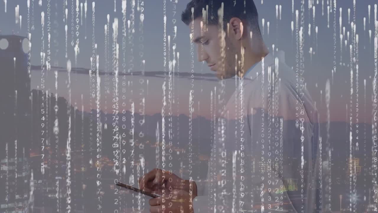 태블릿을 사용하는 백인 남성 의사에 대한 데이터 처리 애니메이션