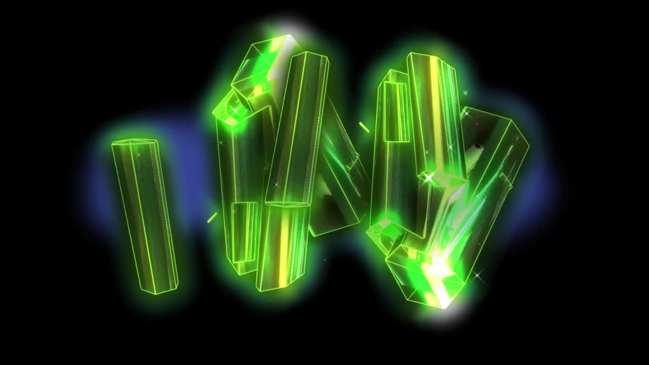 Animation of glowing green blocks spinning over black background