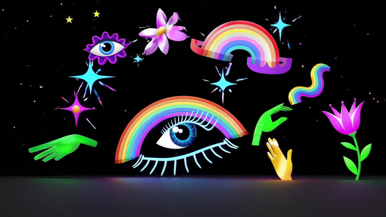 Colorful Abstract Composition with Rainbow, Eye, Flowers and Hands